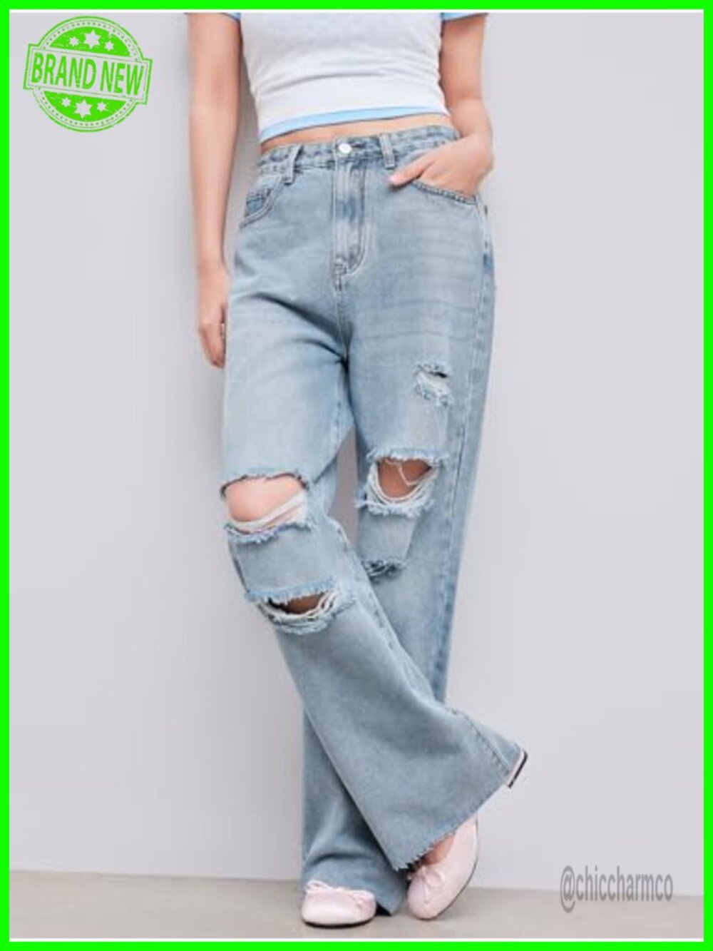 High Waisted Ripped Straight Leg Jeans Distressed Baggy Denim Pants - Picture 2 of 6